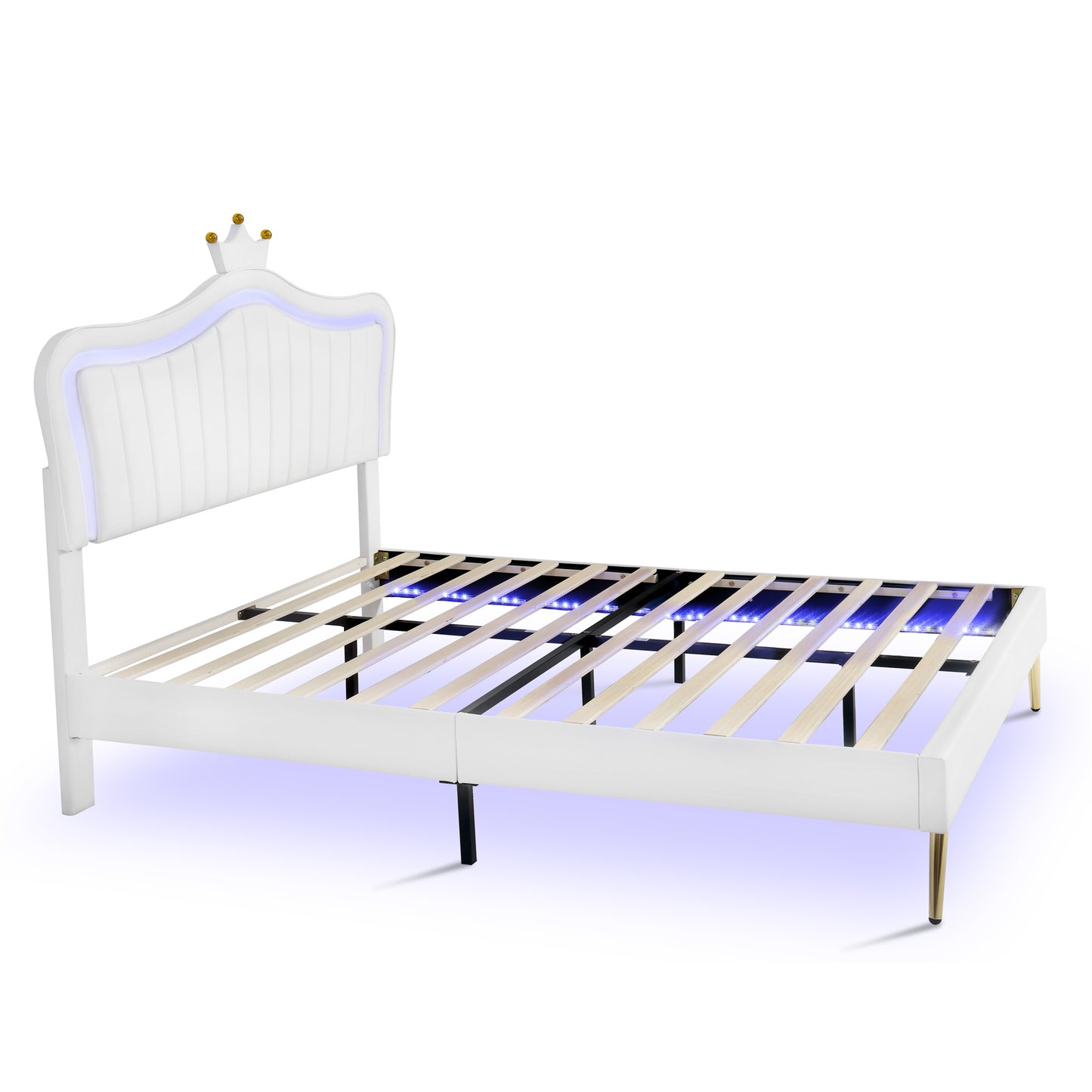 modern upholstered princess bed with crown headboard and led lights, white