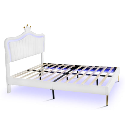 Modern Upholstered Princess Bed With Crown Headboard and LED Lights, White