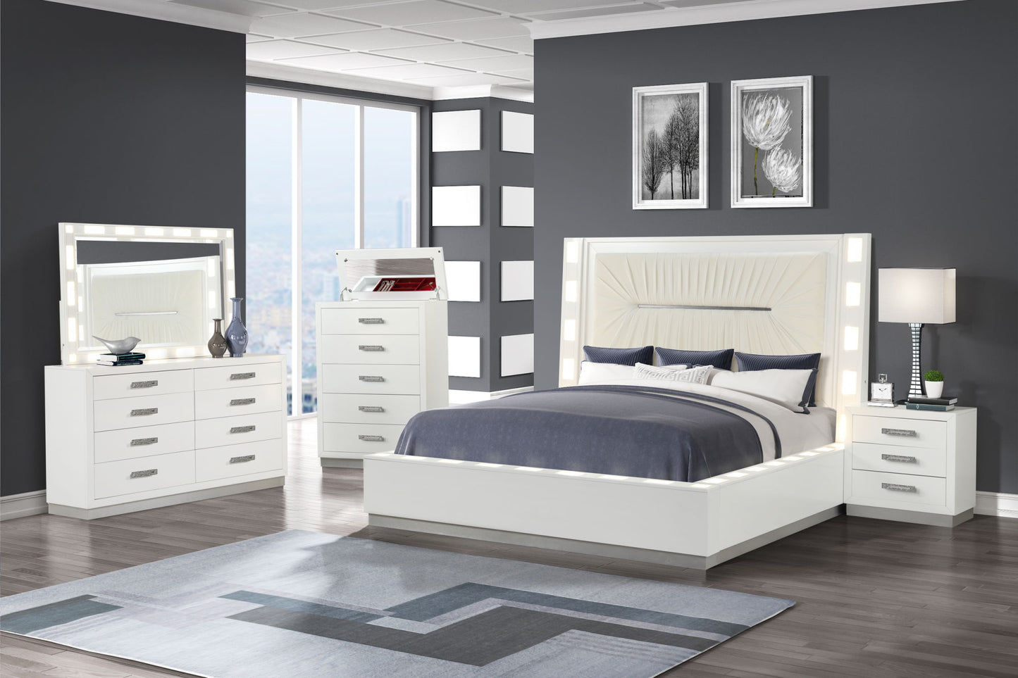 coco led queen size bed made with wood in milky white color