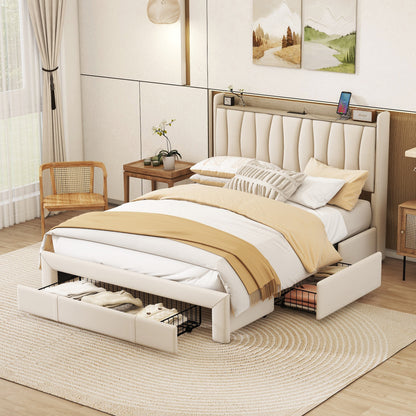 Queen Size Bed Frame with Storage Headboard and Charging Station, Beige