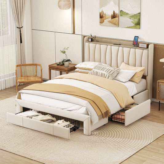 Queen Size Bed Frame with Storage Headboard and Charging Station, Beige
