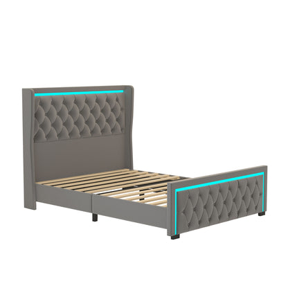 Velvet Upholstered Bed with Adjustable Colorful LED Light Decorative Headboard