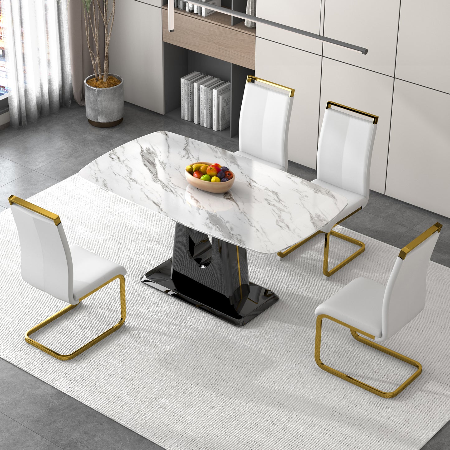a modern, minimalist, and luxurious dining table with a white imitation marble tabletop and mdf legs with u-shaped brackets. tables in restaurants and living rooms 63"*35.4"*30 f-u