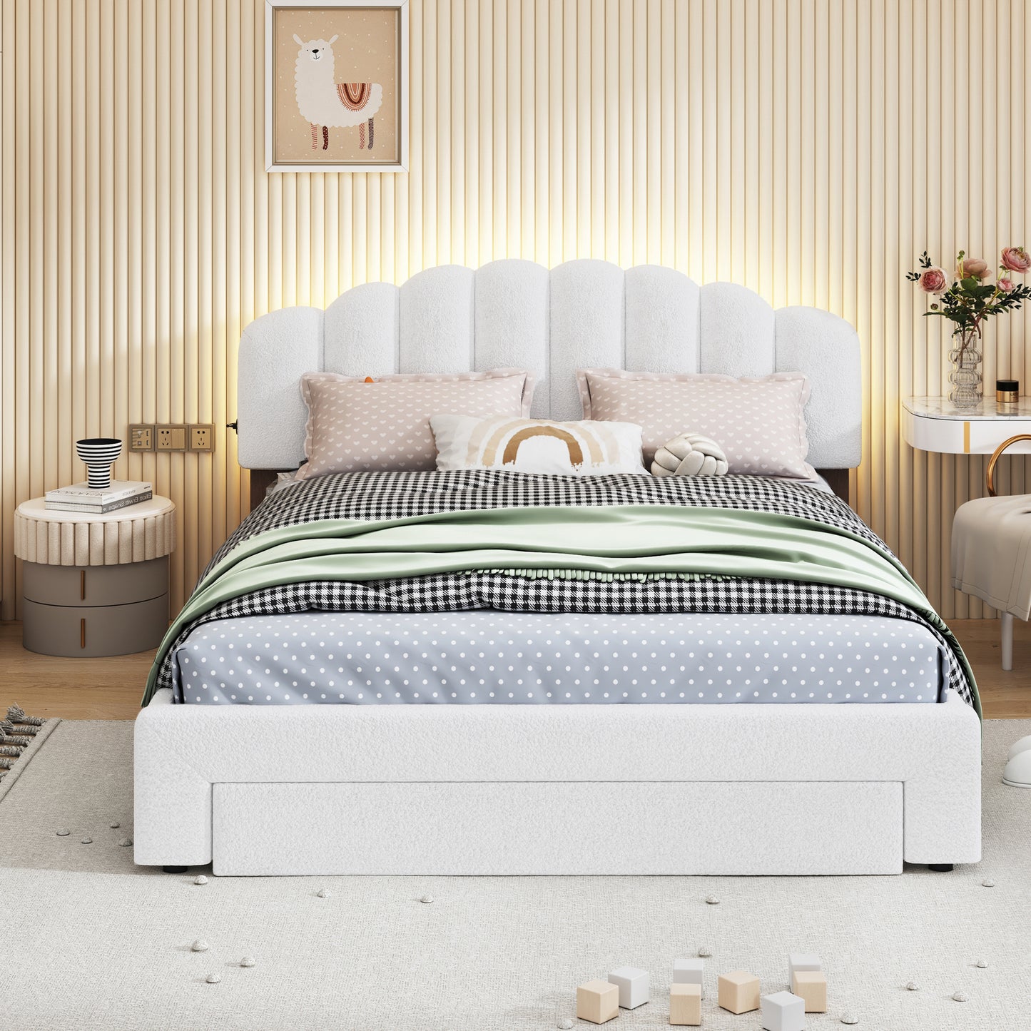 teddy fleece upholstered platform bed with drawer, white