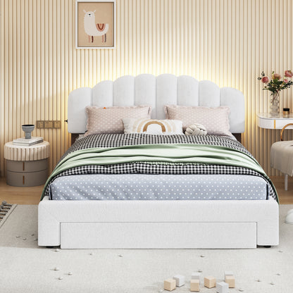 Teddy Fleece Upholstered Platform Bed with Drawer, White