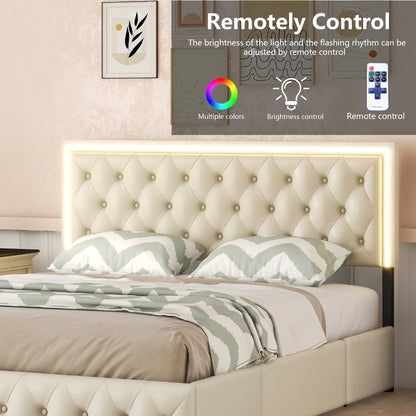 Upholstered Leather LED Headboard Bed Frame with 4 Storage Drawers, Beige