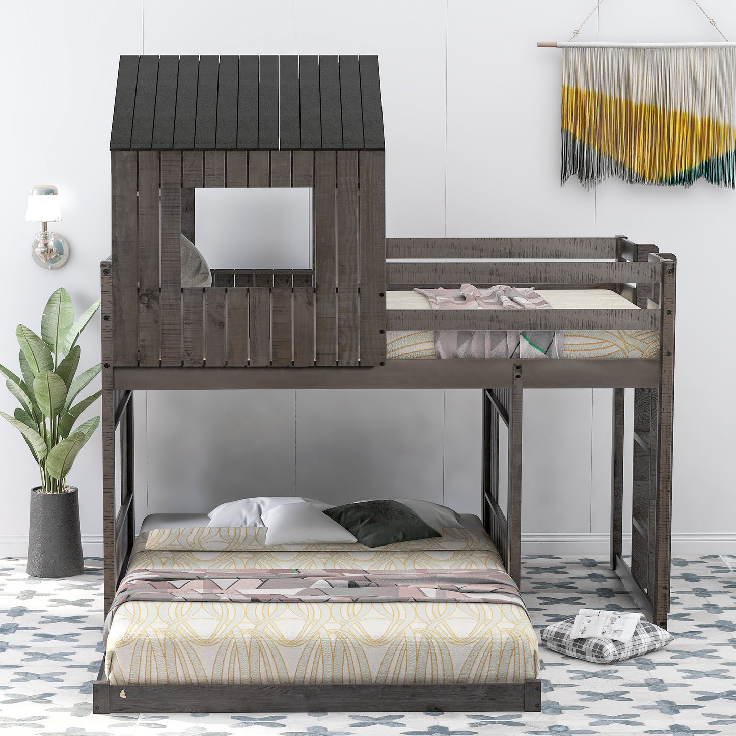 loft bed with playhouse, farmhouse, ladder and guardrails , antique gray