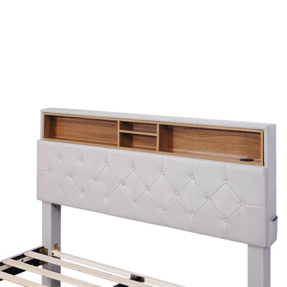 Upholstered Bed with Storage Headboard, LED, USB Charging and 2 Drawers