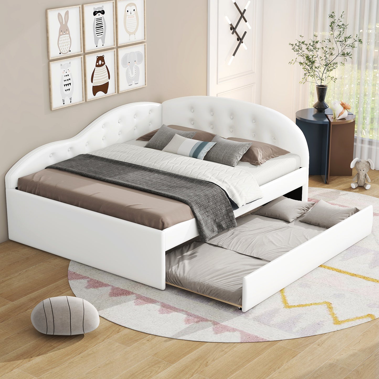 pu upholstered tufted daybed with trundle and cloud shaped guardrail, white
