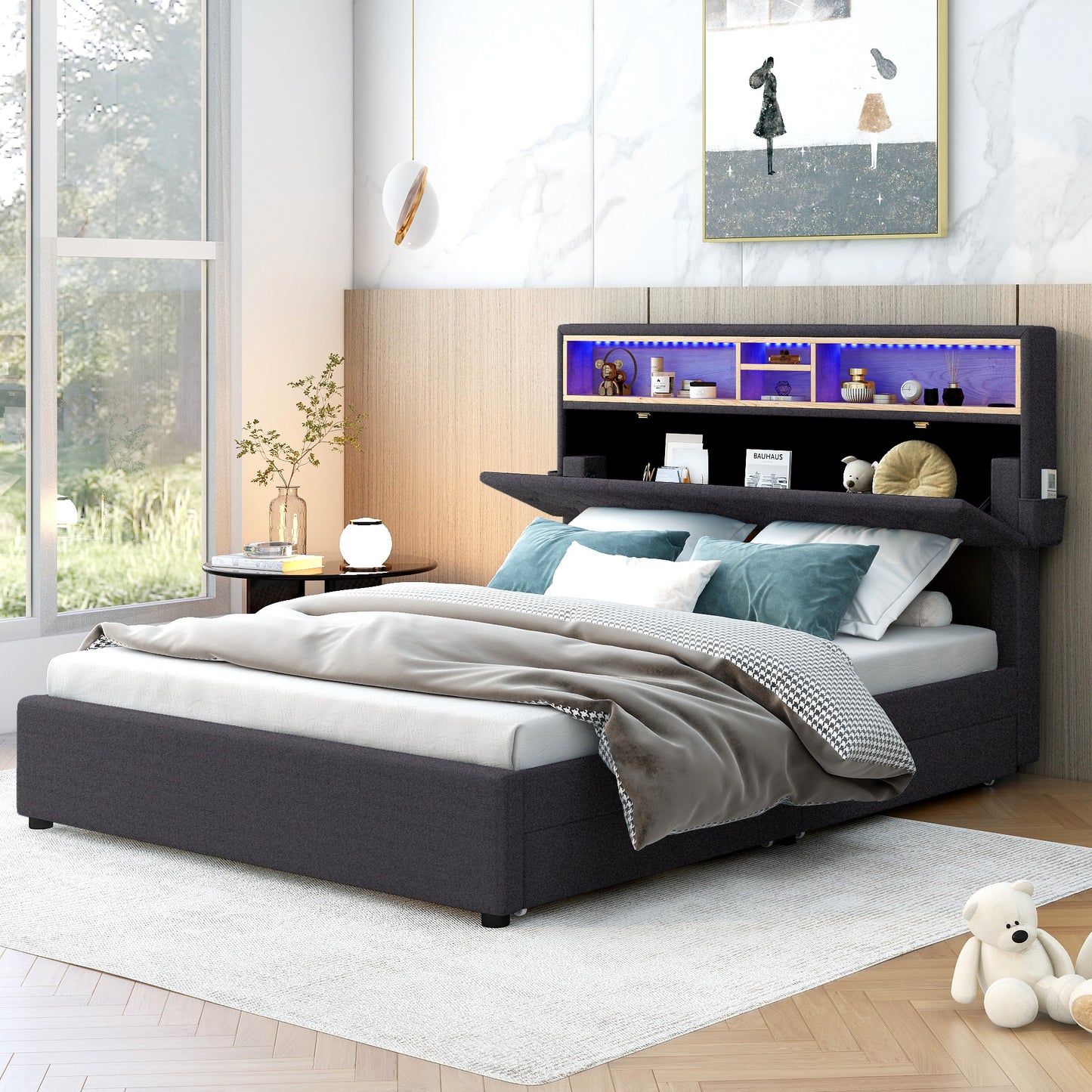 upholstered bed with storage headboard, led, usb charging and 2 drawers