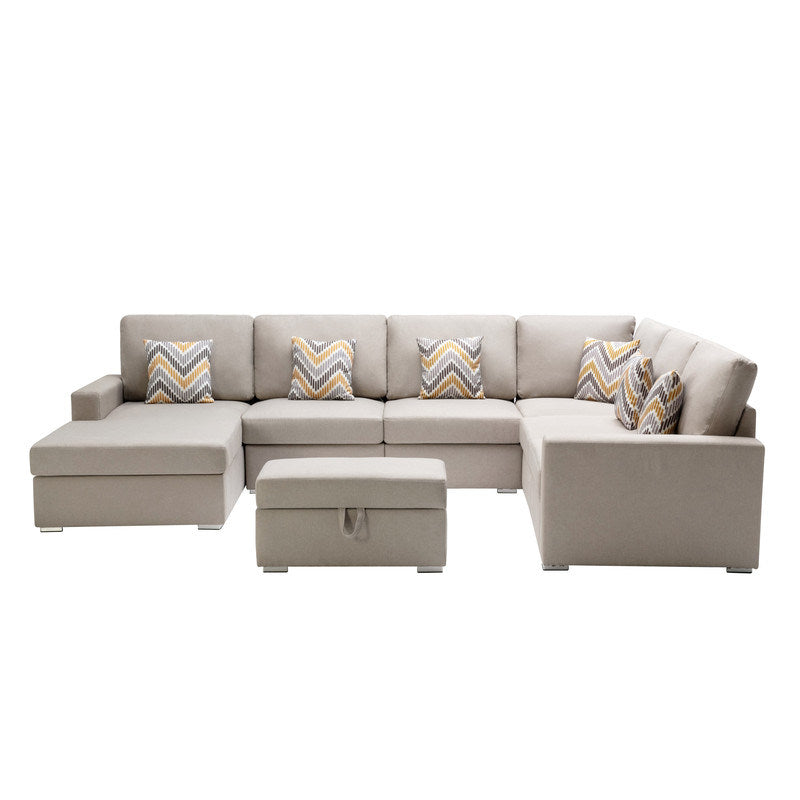 nolan 7pc reversible chaise sectional sofa with interchangeable legs, 6 pillows and storage ottoman