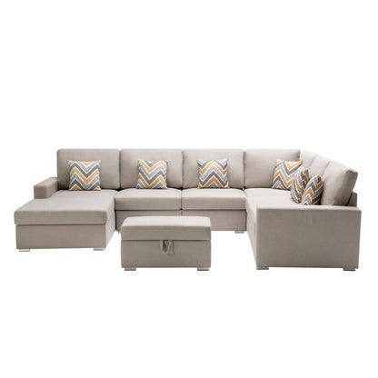 Nolan 7Pc Reversible Chaise Sectional Sofa with Interchangeable Legs, 6 Pillows and Storage Ottoman