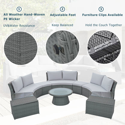 10-Piece Outdoor Sectional Half Round Patio Rattan Sofa Set, Light Gray