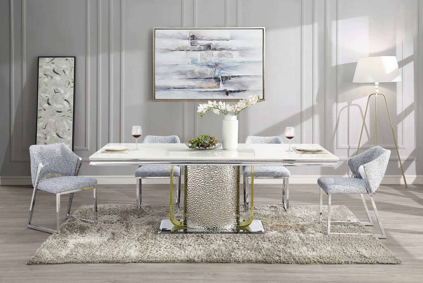 acme fadri dining table, engineering marble, mirrored silver & gold finish