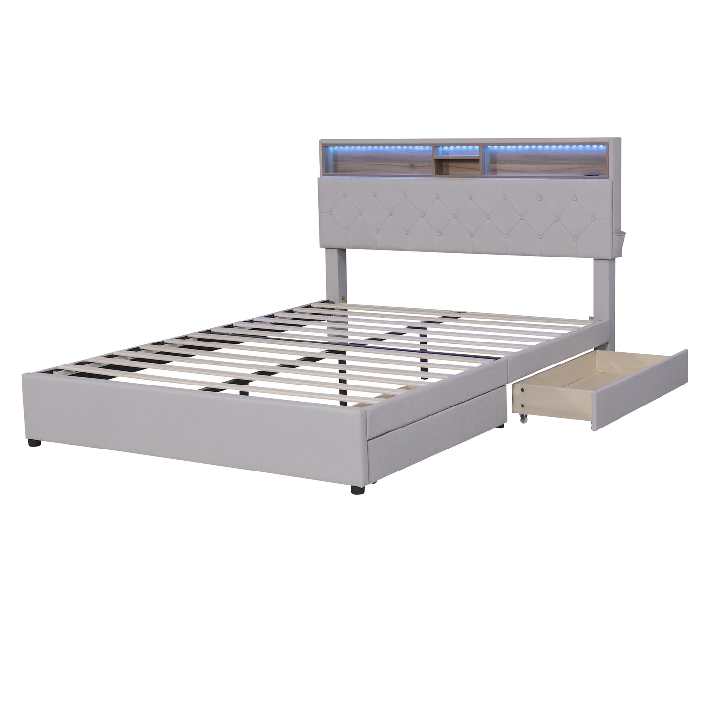 queen size upholstered platform bed with storage headboard, led, usb charging and 2 drawers, beige