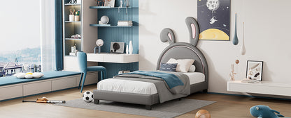 Upholstered Leather Platform Bed with Rabbit Ornament, Gray