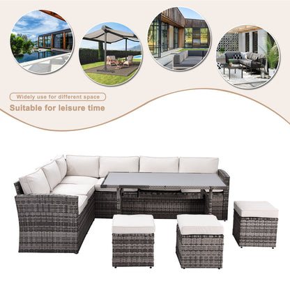 7 Pieces Outdoor Sectional Conversation Sofa with Dining Table, Chairs and Ottomans, Grey+Beige