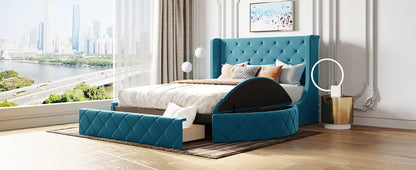 Upholstered Velvet Platform Bed with Wingback Headboard and 1 Big Drawer; 2 Side Storage Stool