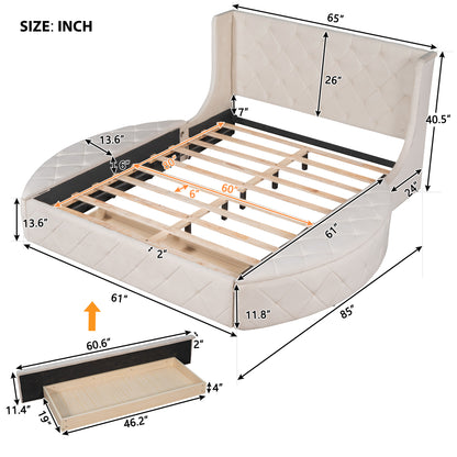 Upholstered Velvet Platform Bed with Wingback Headboard and 1 Big Drawer; 2 Side Storage Stool
