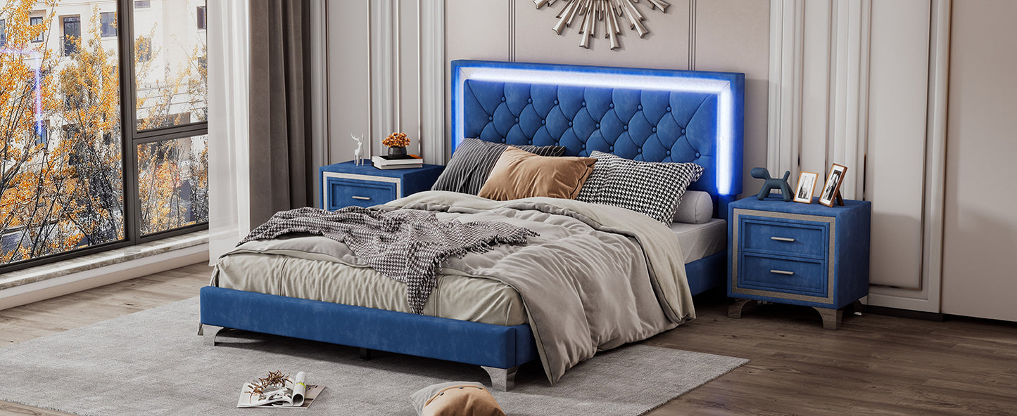 3-pieces upholstered platform bed with led lights and two nightstands-blue