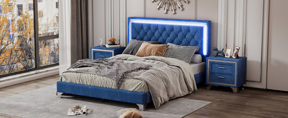 3-Pieces Upholstered Platform Bed with LED Lights and Two Nightstands-Blue