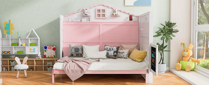 House Murphy Bed with USB, Storage Shelves and Blackboard, Pink+White