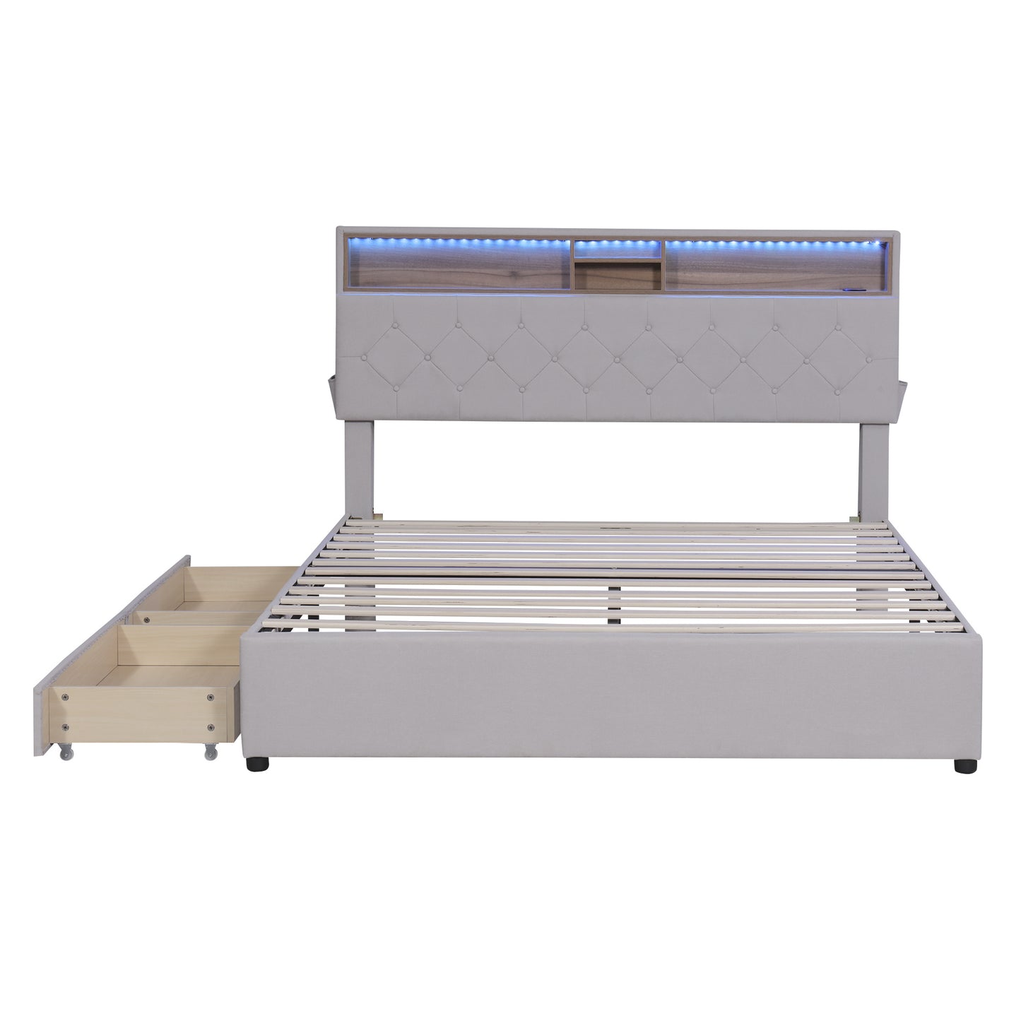 upholstered platform bed with storage headboard, led, usb charging and 2 drawers