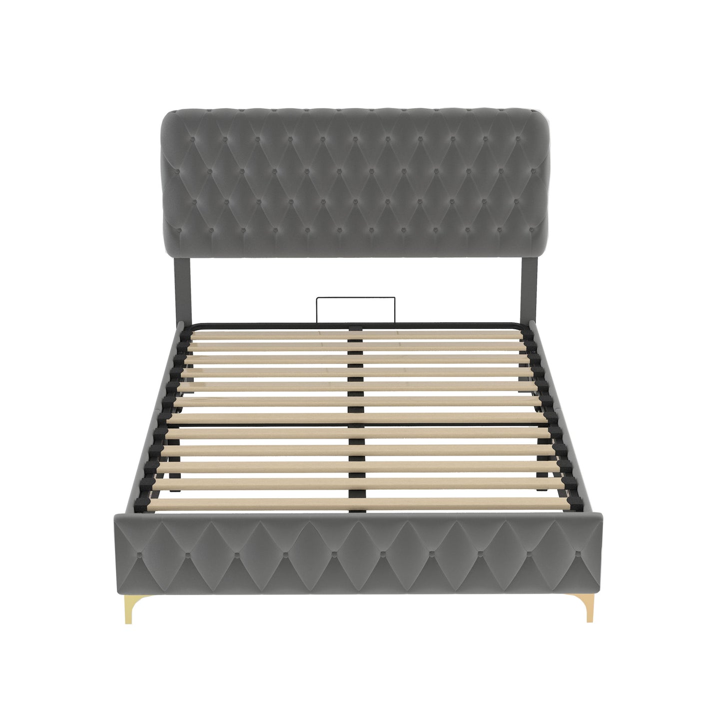 velvet upholstered bed with deep tufted buttons & pneumatic hydraulic function, grey