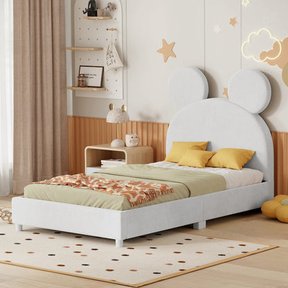 Upholstered Bed with Bear Ear Shaped Headboard, Beige