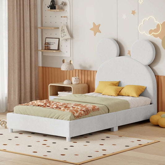 Upholstered Bed with Bear Ear Shaped Headboard, Beige