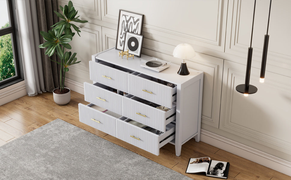 6 drawer dresser with metal handle for bedroom, white