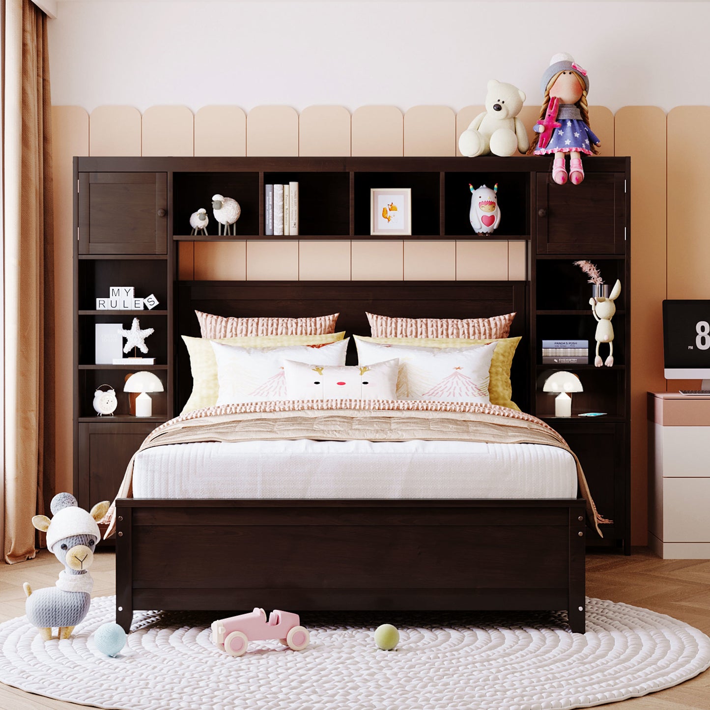 wooden bed with all-in-one cabinet and shelf