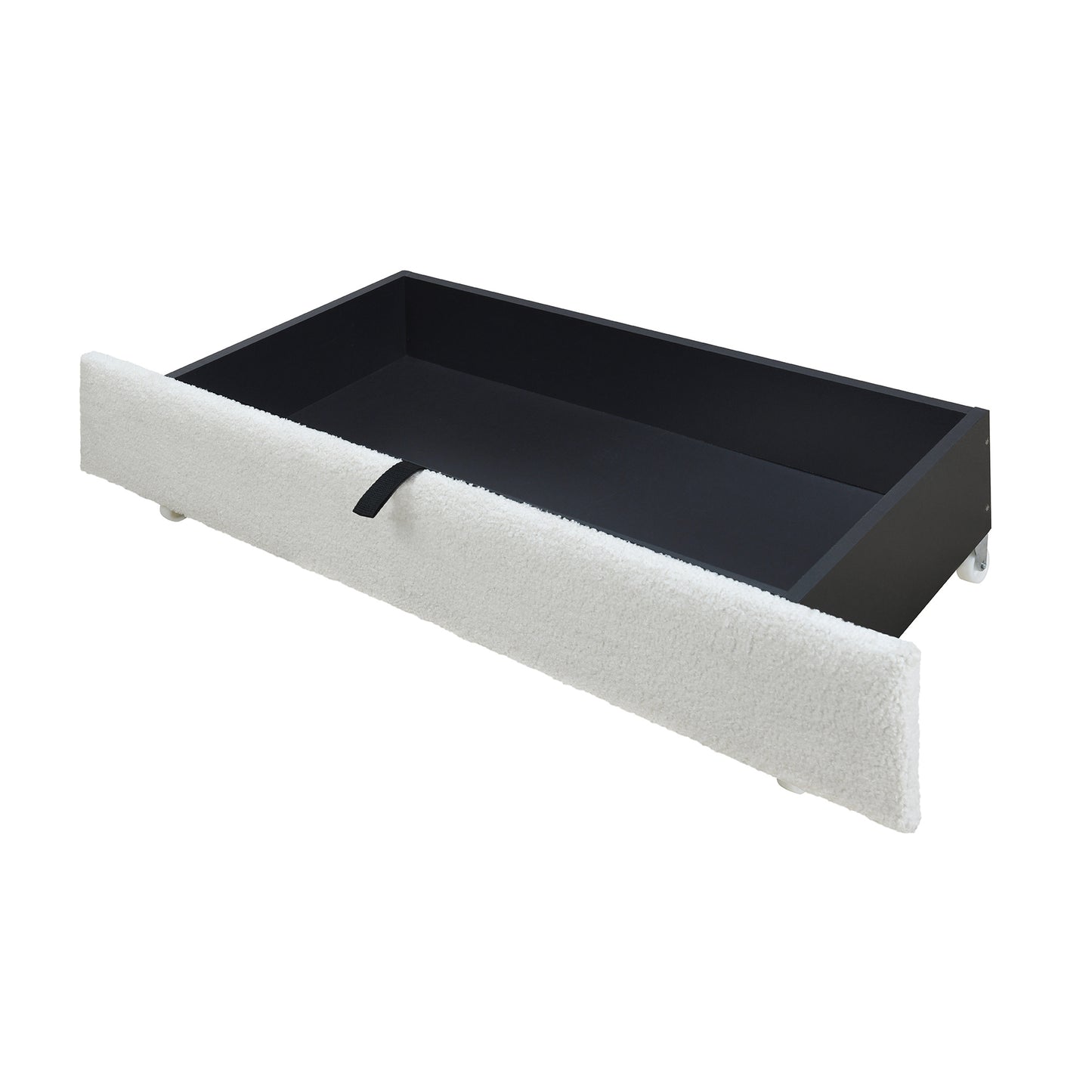 teddy upholstered platform bed with large rivet-decorated backrests and 4 drawers, velvet black+white