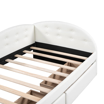 Upholstered Tufted Bed with Two Drawers and Cloud Shaped Guardrail, White