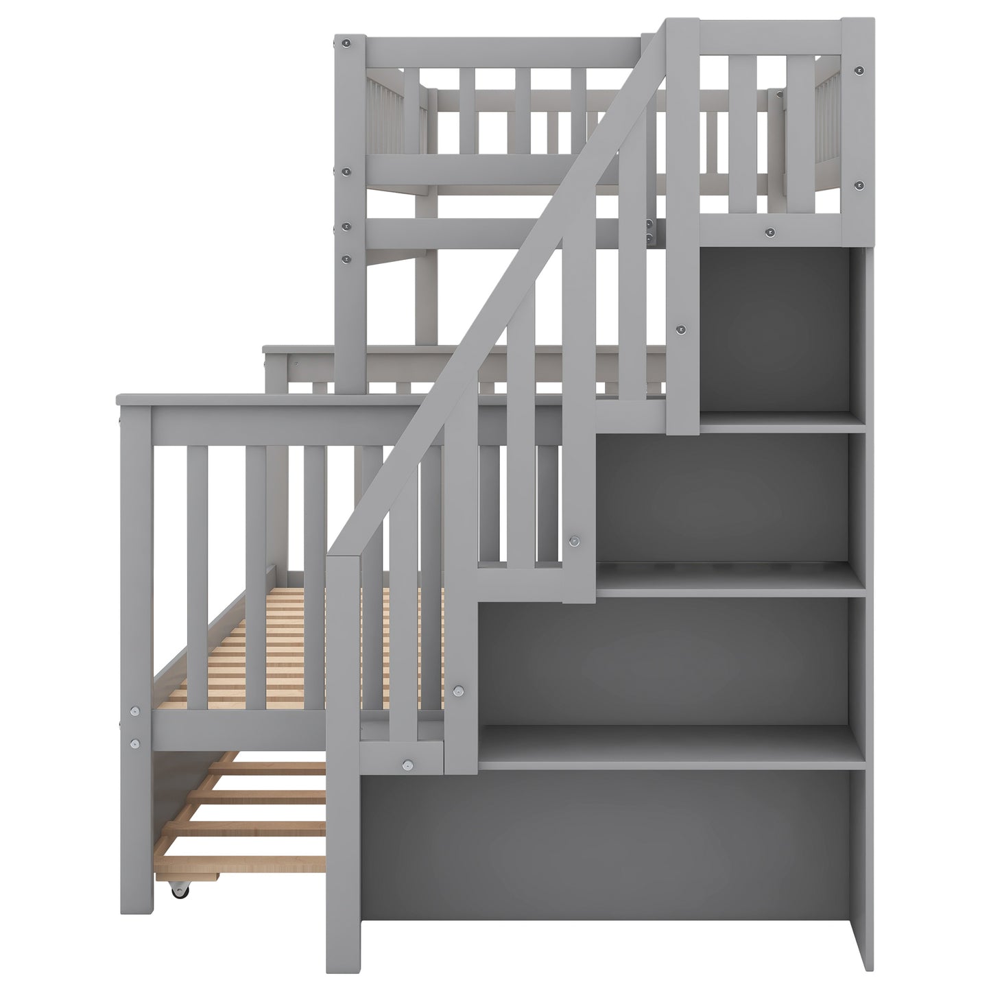 twin over full bunk bed with trundle and staircase,gray
