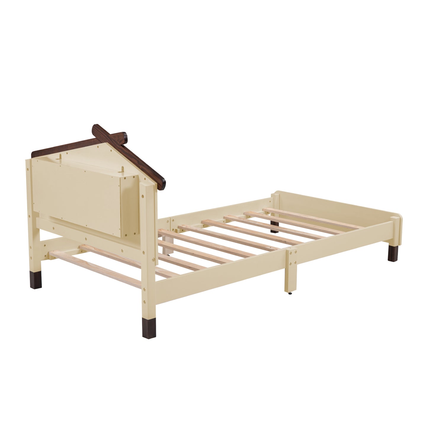 wood platform bed with house-shaped headboard and motion activated night lights, cream+walnut