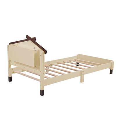 Wood Platform Bed with House-shaped Headboard and Motion Activated Night Lights, Cream+Walnut