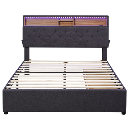 Full Size Upholstered Bed with Storage Headboard, LED, USB Charging and 2 Drawers, Dark Gray