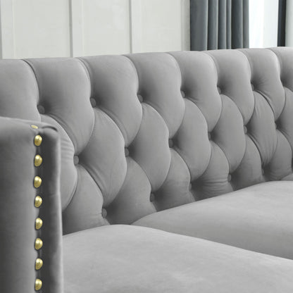 Velvet Sofa Tufted Square Arm Couch, Grey Velvet