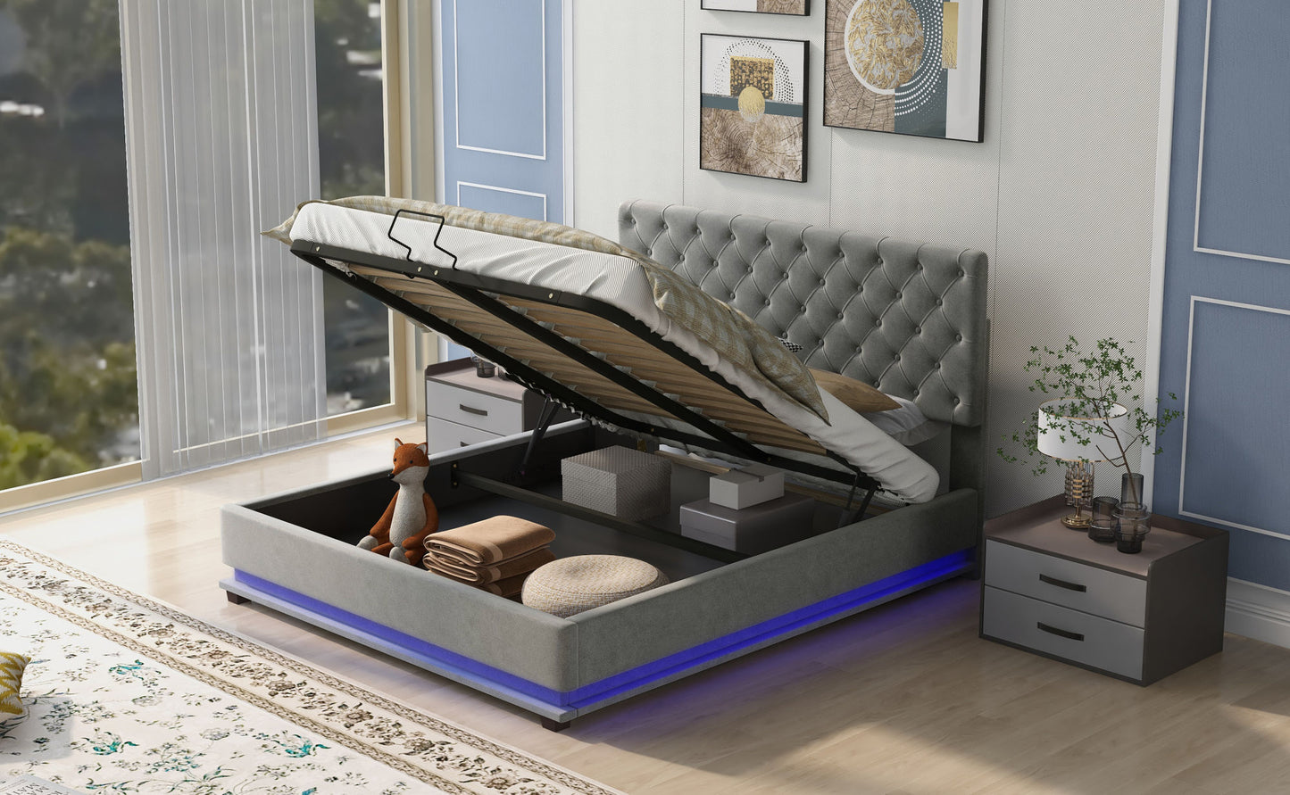 upholstered platform bed with adjustable tufted headboard and led light