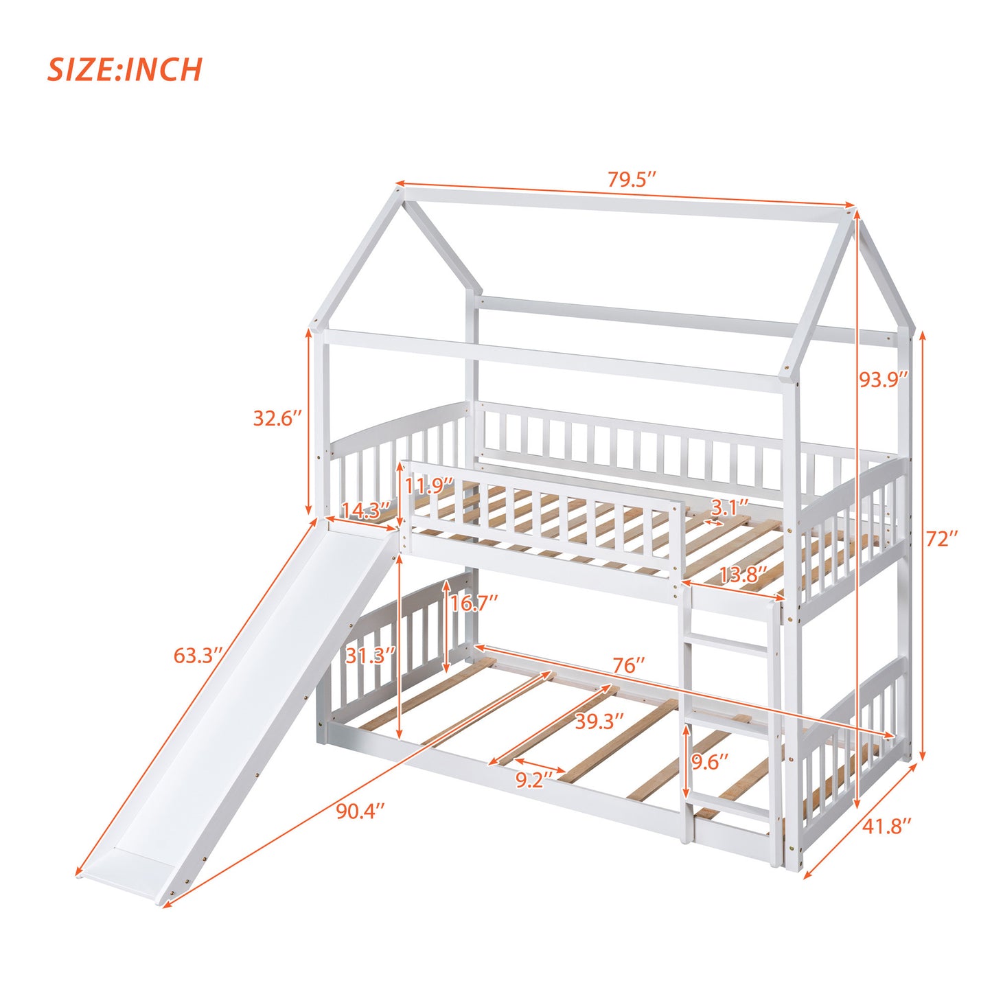 twin over twin bunk bed with slide, white
