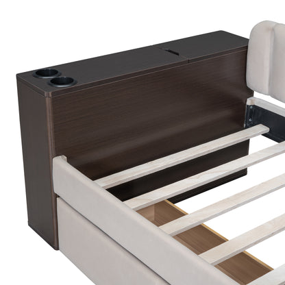 Upholstered Multi-functional Daybed with Cup Holder and a set of USB Ports and Sockets, Beige