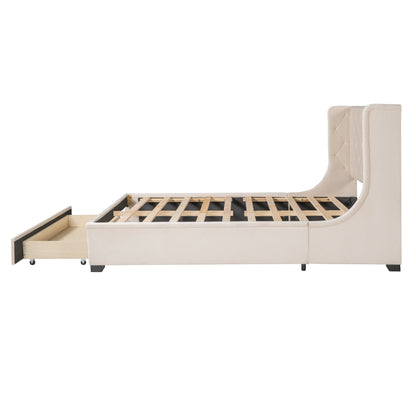 Modern Velvet Upholstered Platform Bed with Wingback Headboard and a Big Drawer