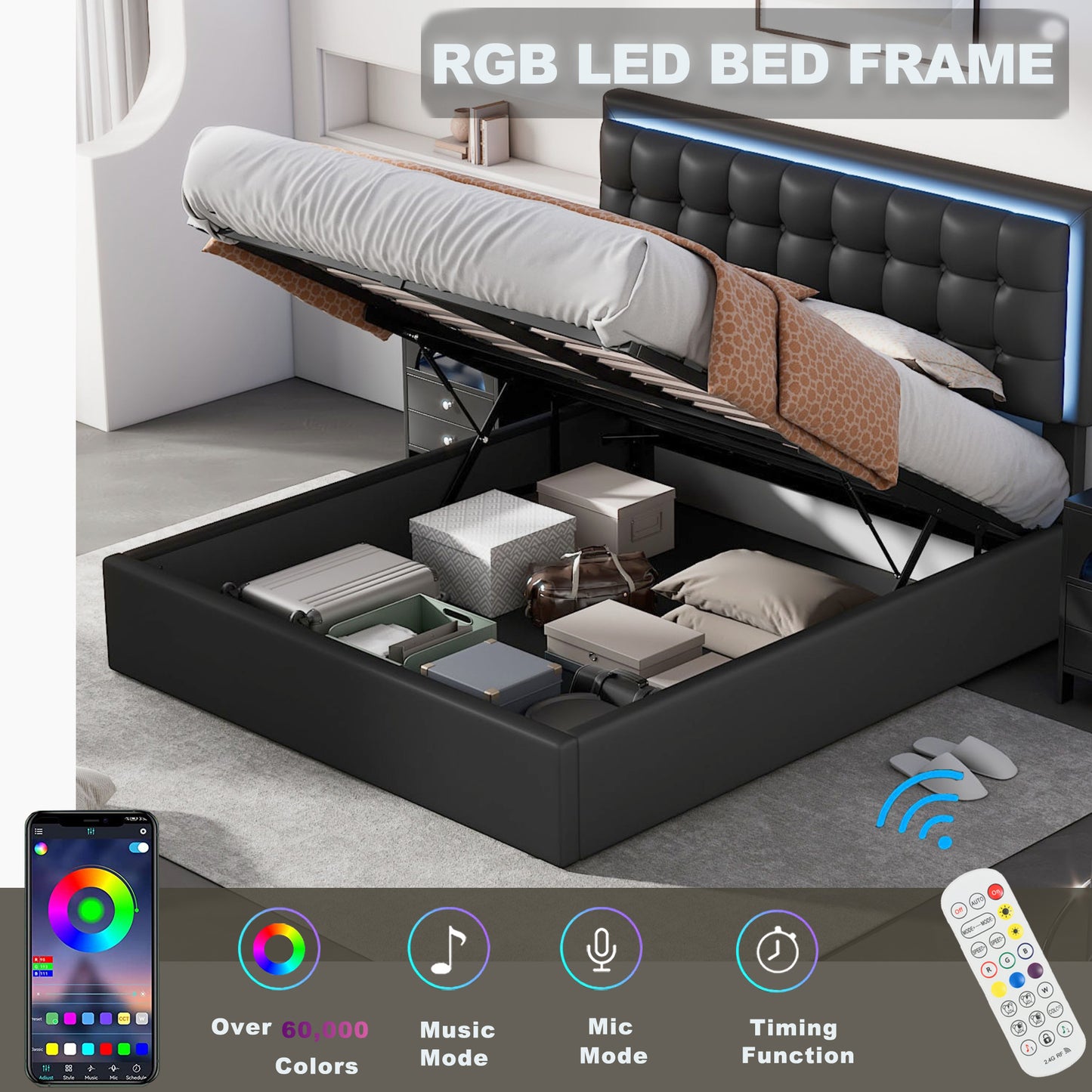 tufted upholstered platform bed with hydraulic storage system & pu storage bed with led lights