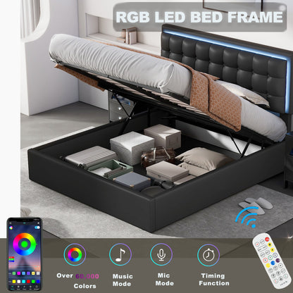 Tufted Upholstered Platform Bed with Hydraulic Storage System & PU Storage Bed with LED Lights