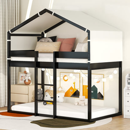 Twin Over Twin Bunk Bed Wood Bed with Tent