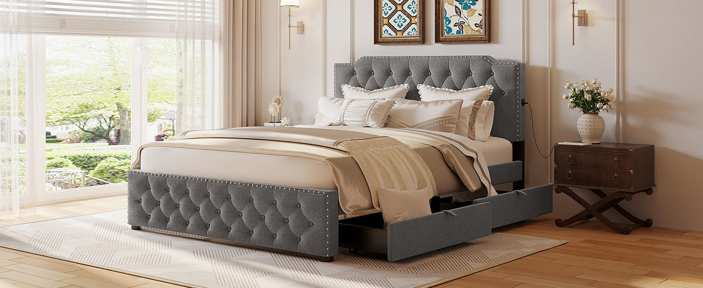 sam upholstered platform bed with 2 drawers and 2 sets of usb ports