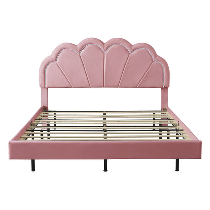 Queen Upholstered Smart LED Bed Frame with Elegant Flowers Headboard,Pink
