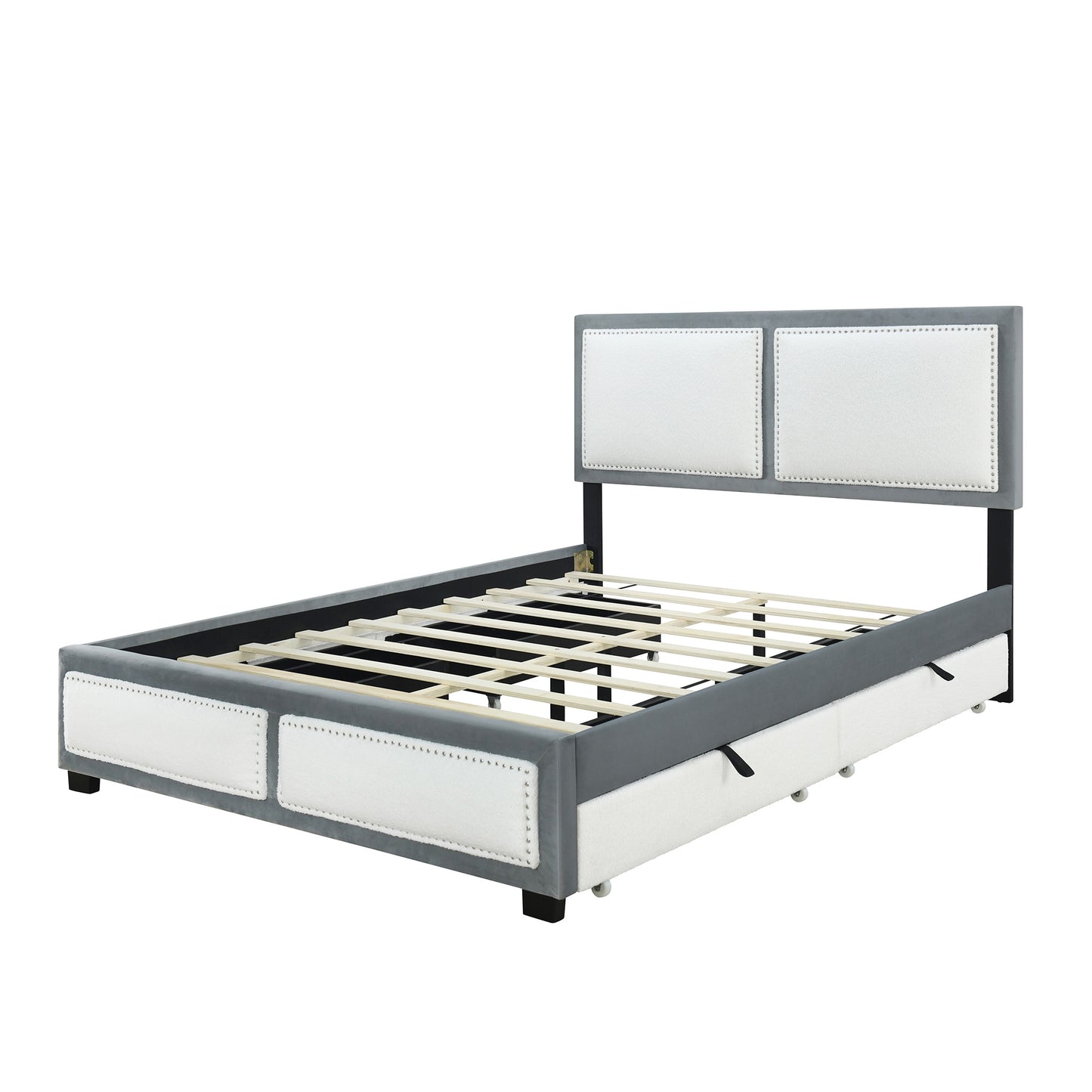 teddy upholstered platform bed with large rivet-decorated backrests and 4 drawers, velvet gray+white