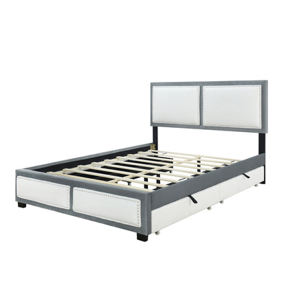 Teddy Upholstered Platform Bed with Large Rivet-decorated Backrests and 4 Drawers, Velvet Gray+White